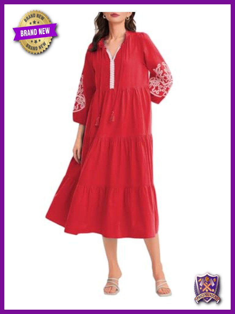 Embroidered Cotton Maxi Dress With V-Neck, Pockets, Tassel - Boho Summer Dress